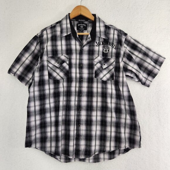 Jack Daniels Pearl Snap Button up Short Sleeve Black White Plaid Mens XL - Picture 1 of 7